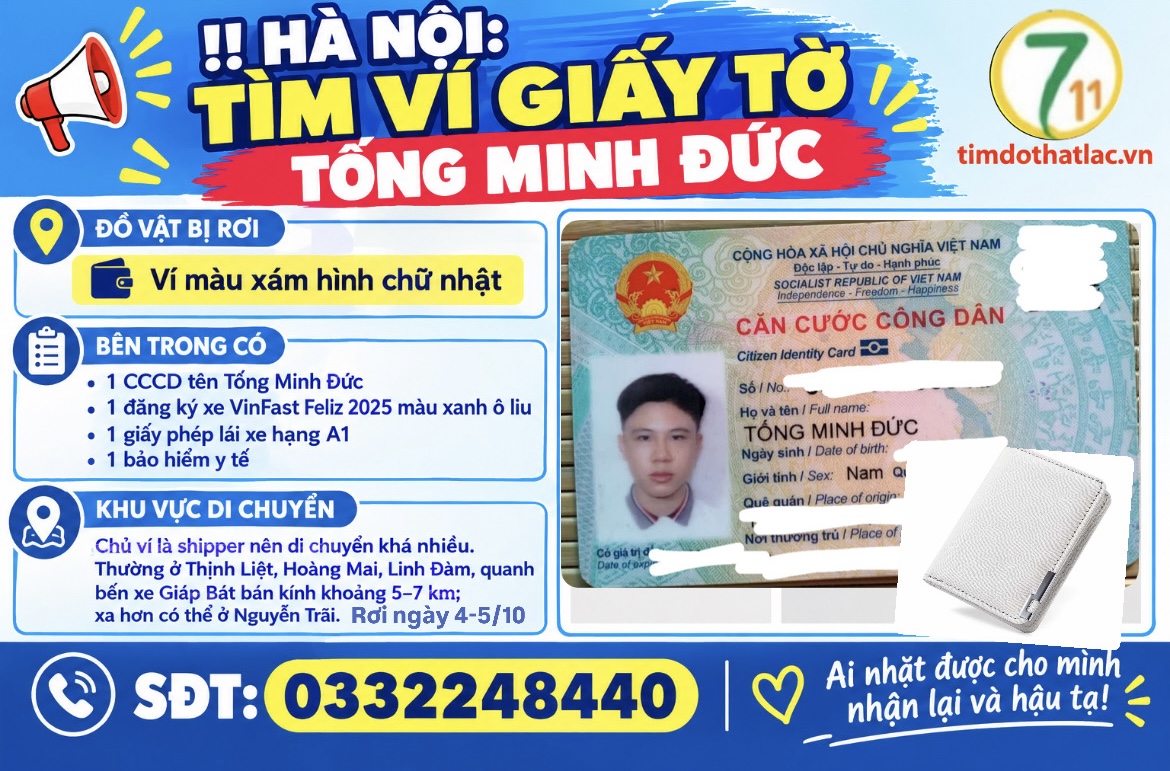 ‼️Hà Nội: Tìm ví giấy tờ tên Tống Minh Đức