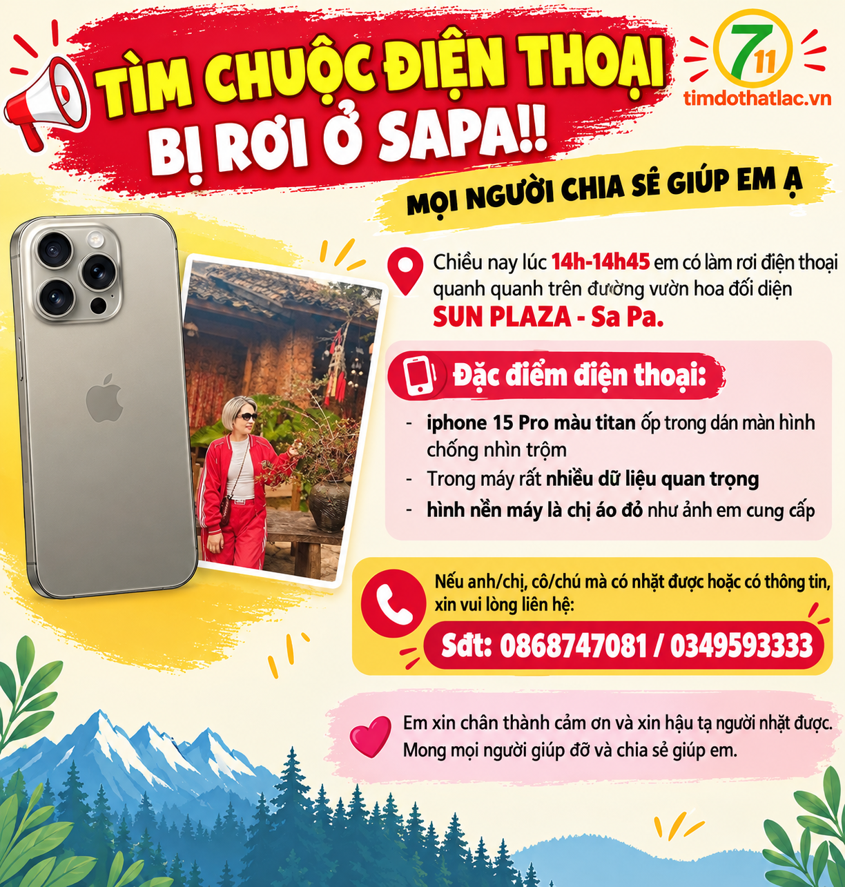 Tìm chuộc Iphone 15 pro thất lạc ở Sa Pa