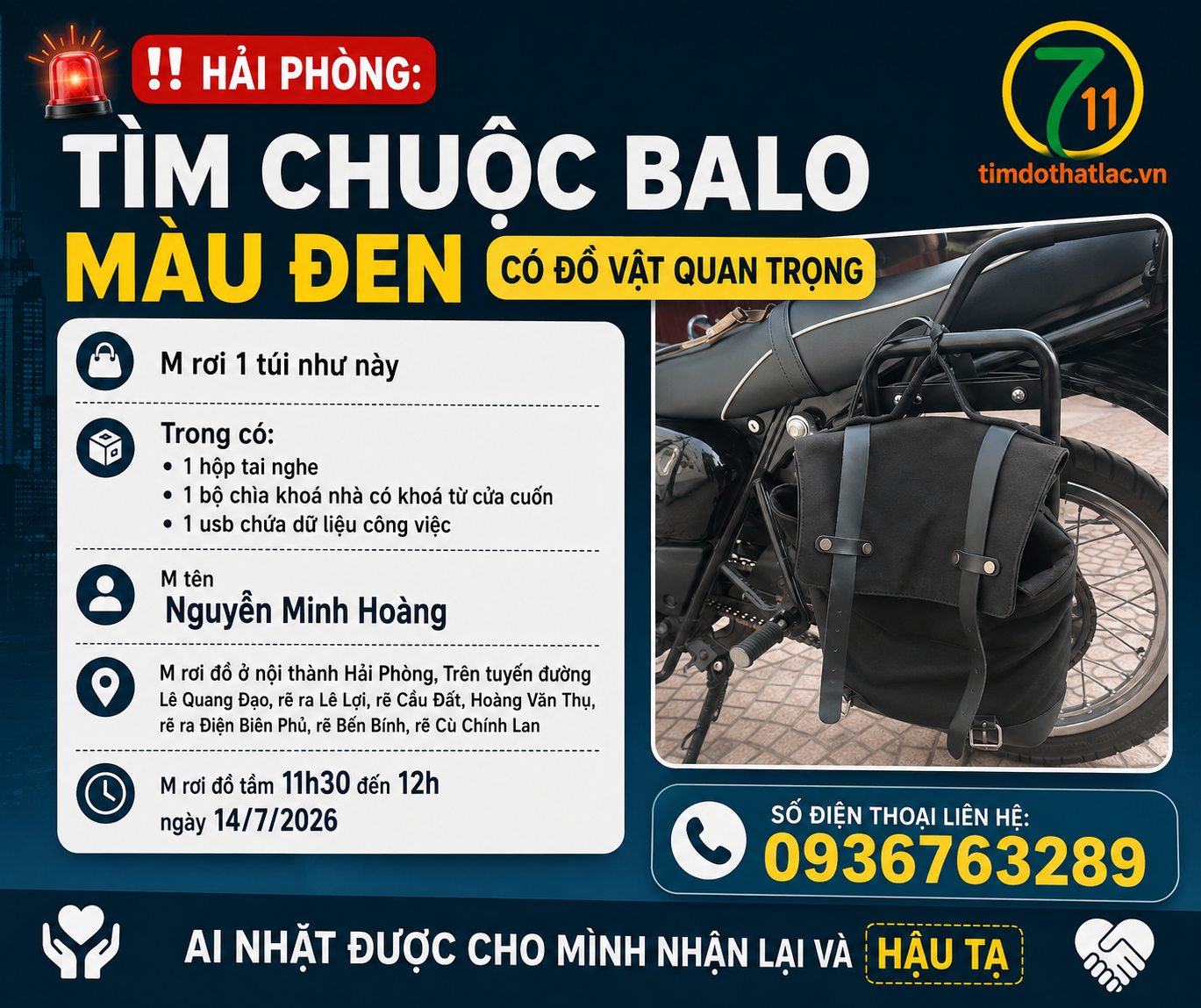 ‼️Hải Phòng: Tìm chuộc balo màu đen có đồ vật quan trọng
