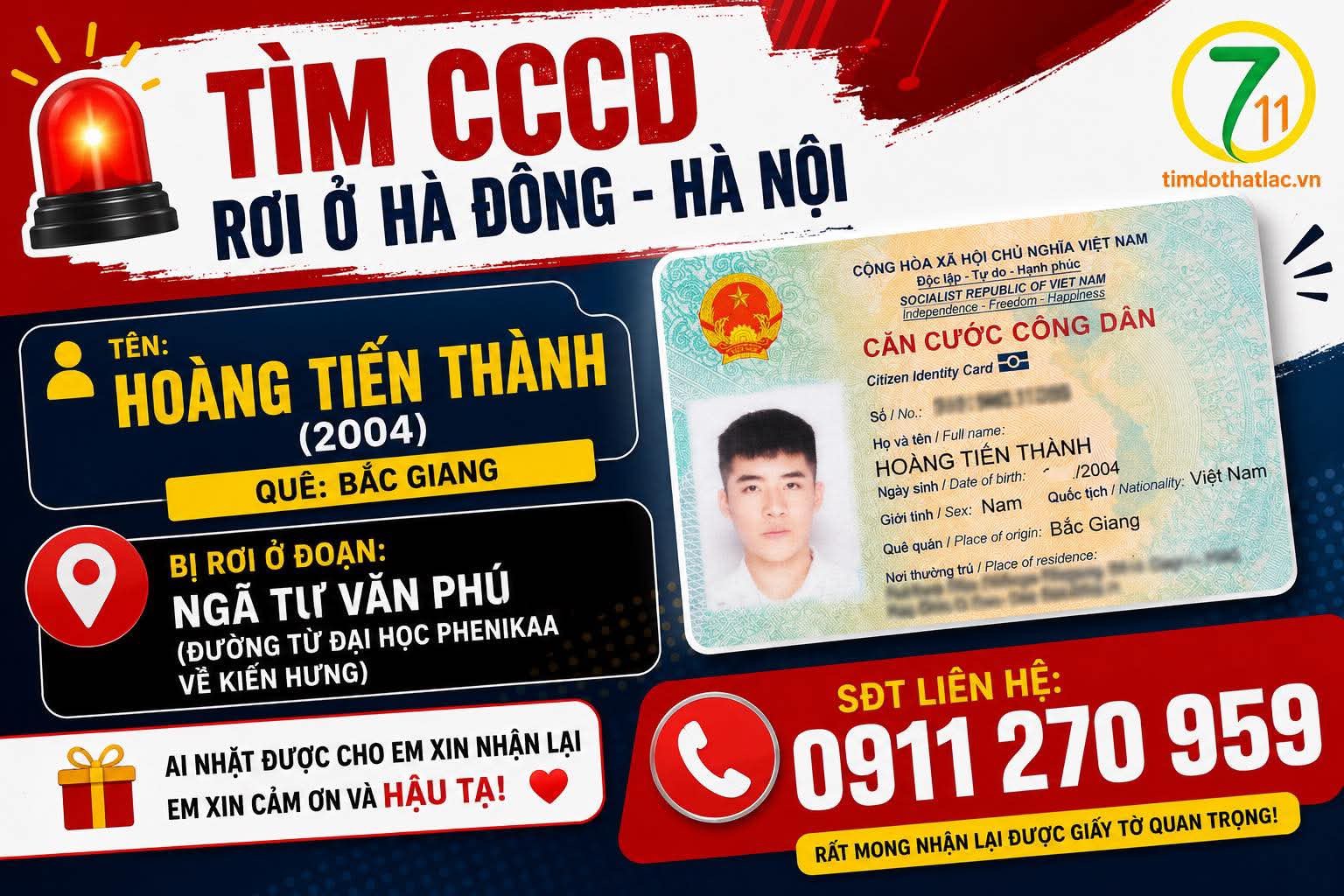 🆘 TÌM CCCD rơi ở Hà Đông - Hà Nội tên Hoàng Tiến Thành 2004 quê Bắc Giang