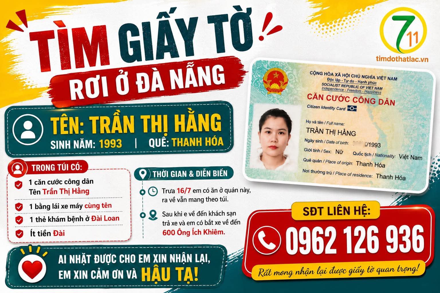 🆘 Rơi túi xách và giấy tờ ở Đà Nẵng tên Trần Thị Hằng 1993 quê Thanh Hoá