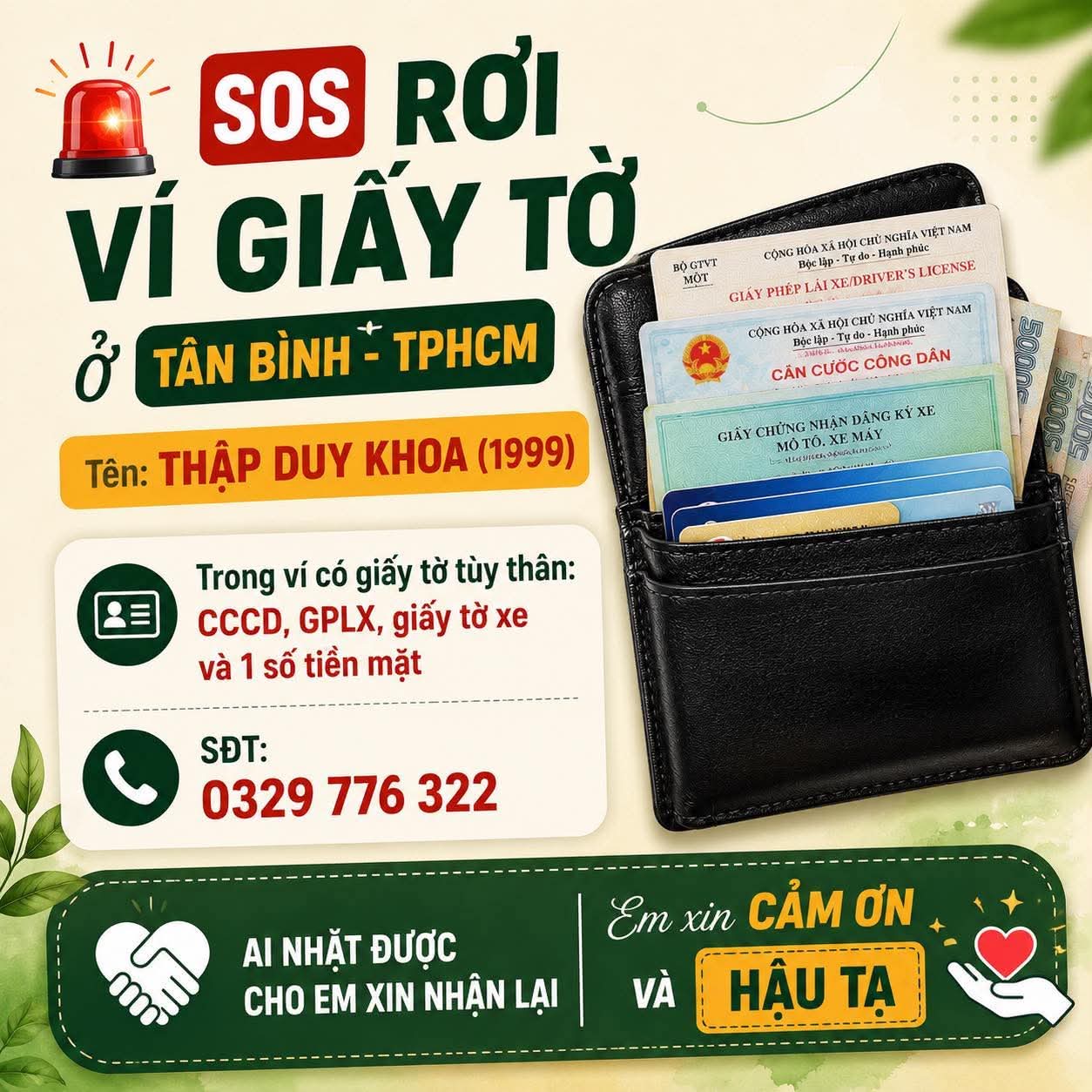 🆘 Rơi ví giấy tờ ở Tân Bình - TPHCM tên Thập Duy Khoa 1999