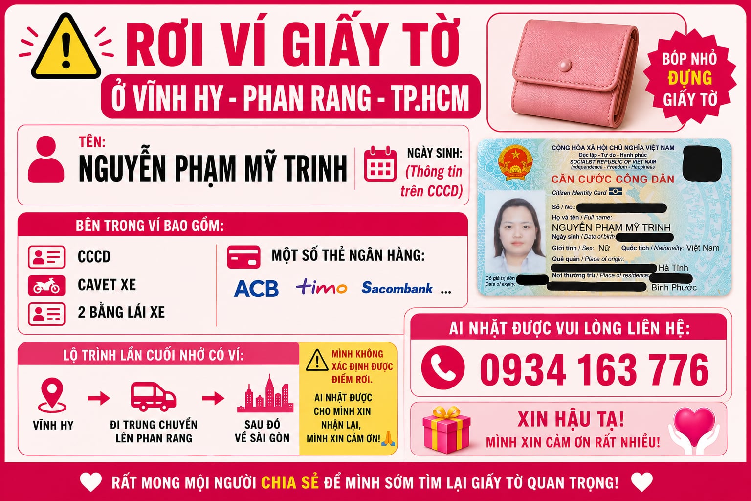 🆘 Rơi ví giấy tờ ở Vĩnh Hy - Phan Rang - TpHCM tên Nguyễn Phạm Mỹ Trinh