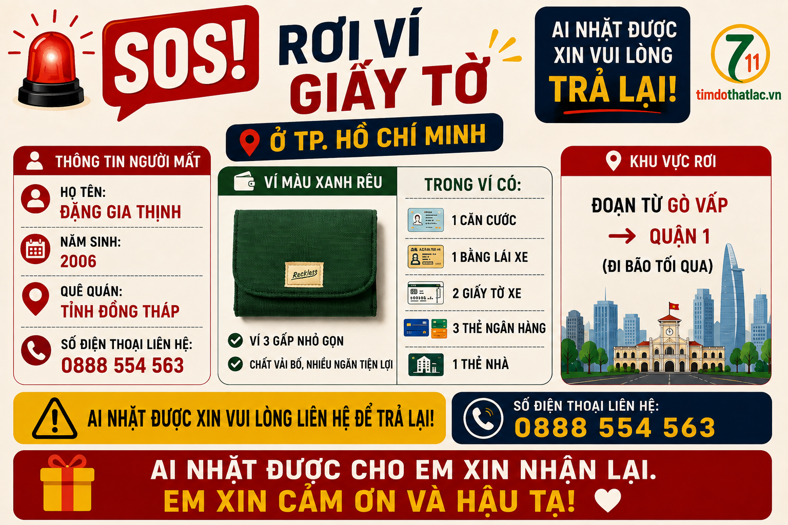 🆘 RƠI VÍ GIẤY TỜ ở TPHCM tên Đặng Gia Thịnh 2006 tỉnh Đồng Tháp