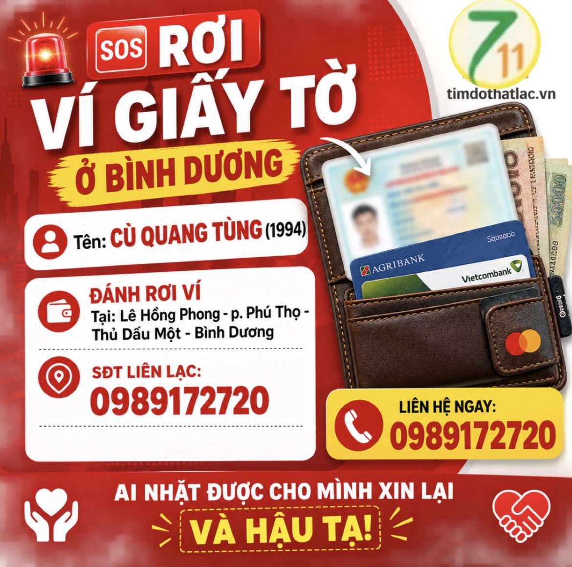 ‼️Bình Dương: Tìm ví giấy tờ có tên Cù Quang Tùng