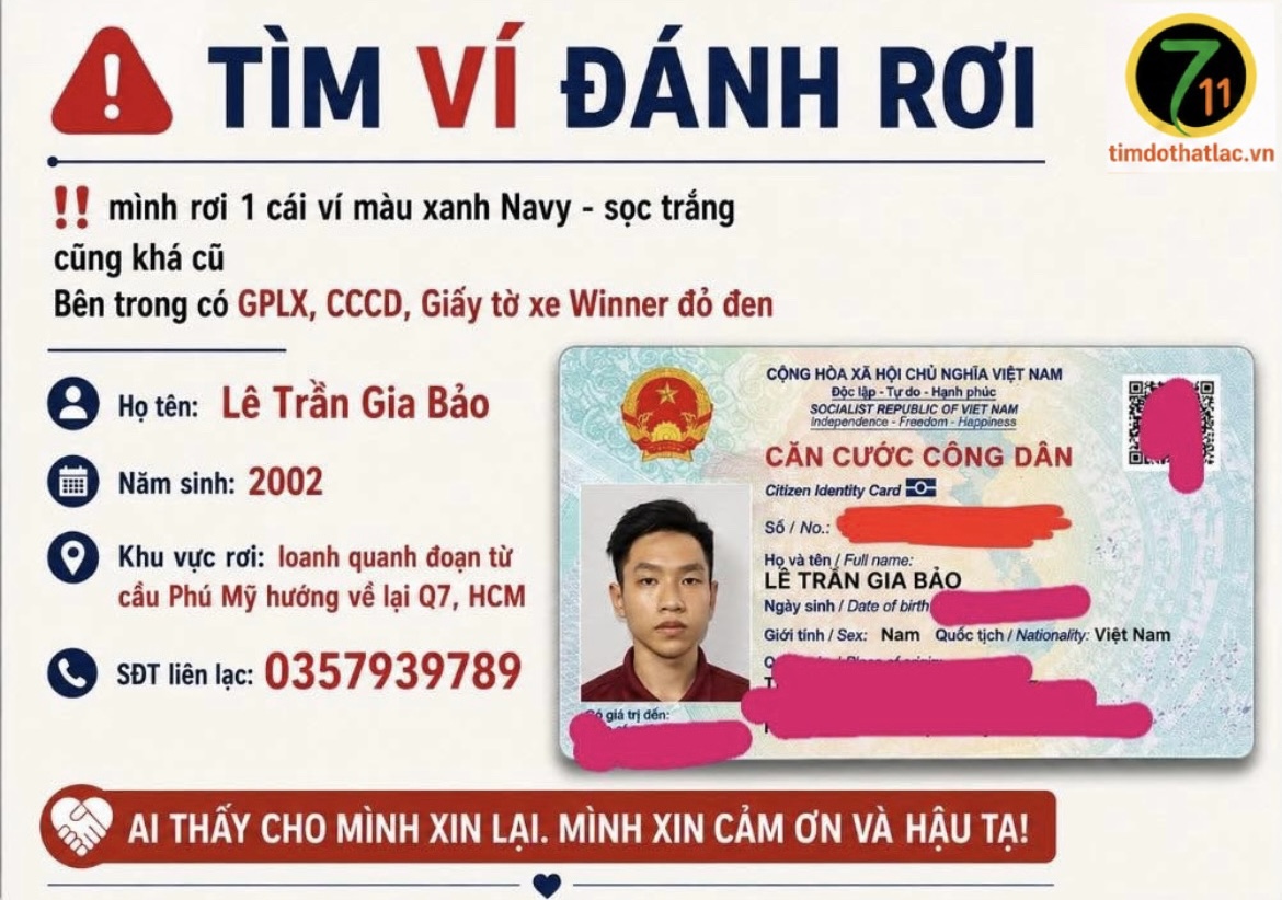  ‼️Hồ Chí Minh : Tìm ví giấy tờ có tên Lê Trần Gia Bảo