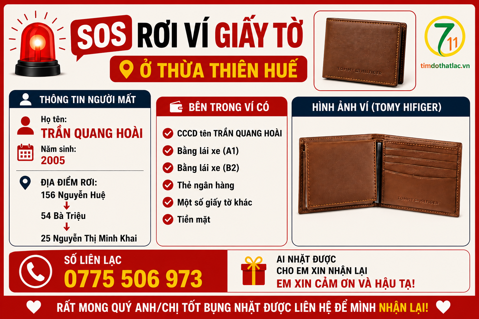 🆘 Rơi ví giấy tờ ở Thừa Thiên Huế tên Trần Quang Hoài 2005