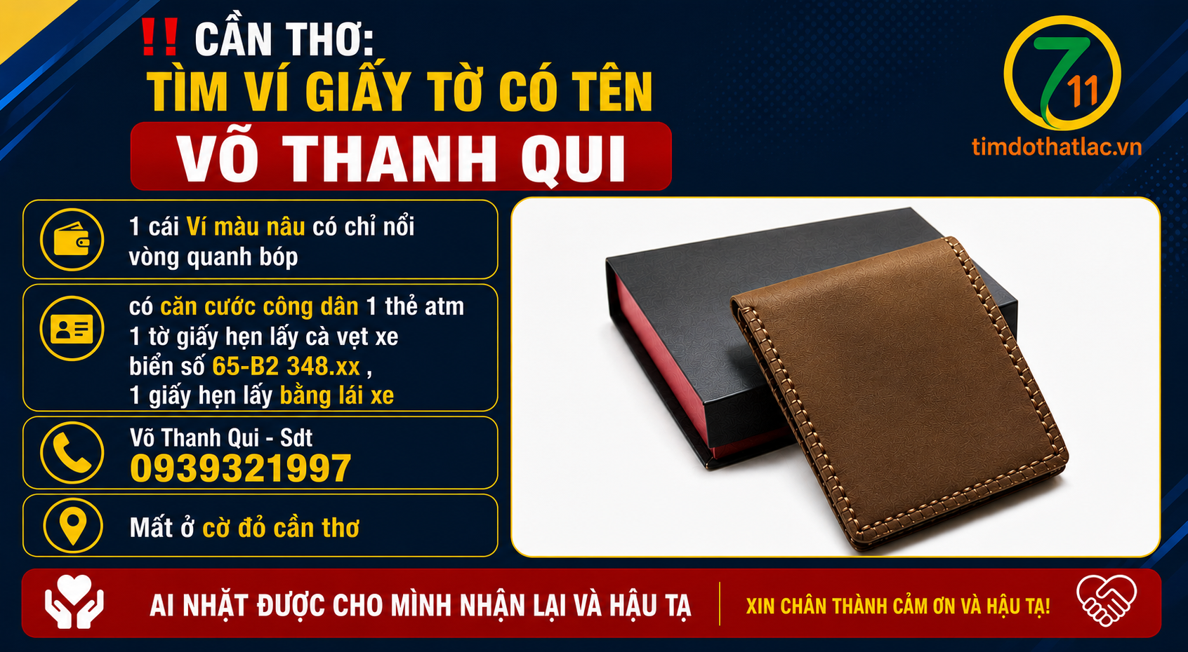 ‼️Cần Thơ: Tìm ví giấy tờ có tên Võ Thanh Qui