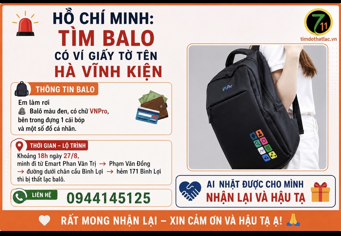 ‼️Hồ Chí Minh:  Tìm balo có ví giấy tờ tên Hà Vĩnh Kiện