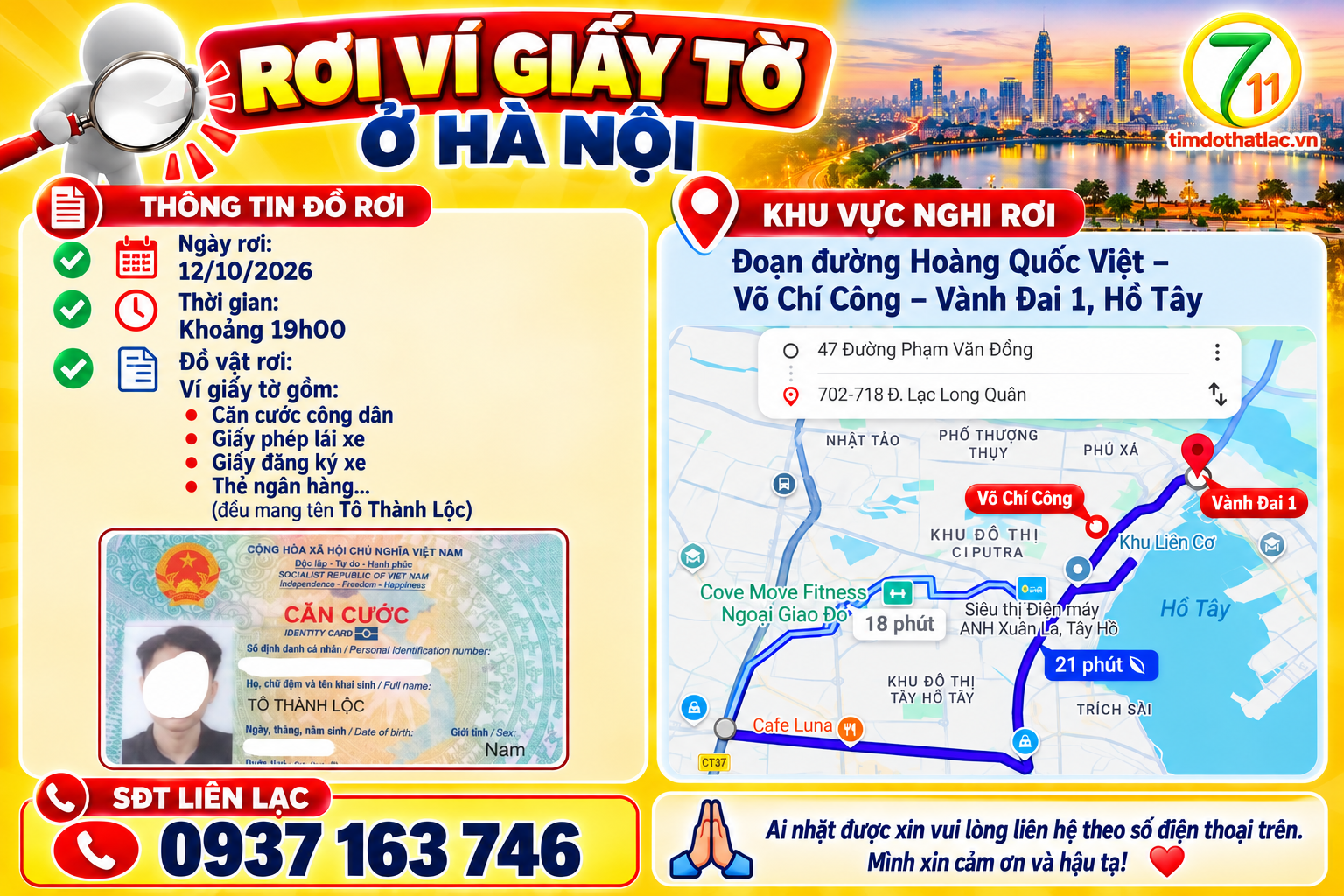 🆘 RƠI VÍ GIẤY TỜ Ở HÀ NỘI TÊN Tô Thành Lộc
