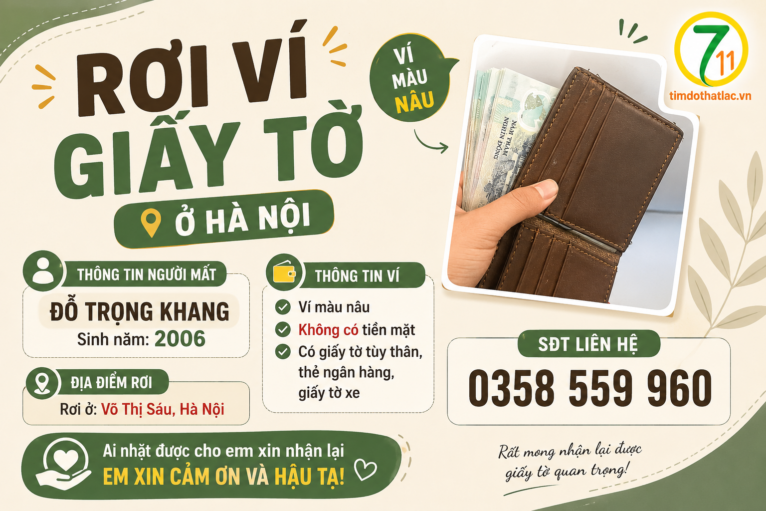 🆘 Rơi ví giấy tờ ở Hà Nội tên Đỗ Trọng Khang  e sinh năm 2006