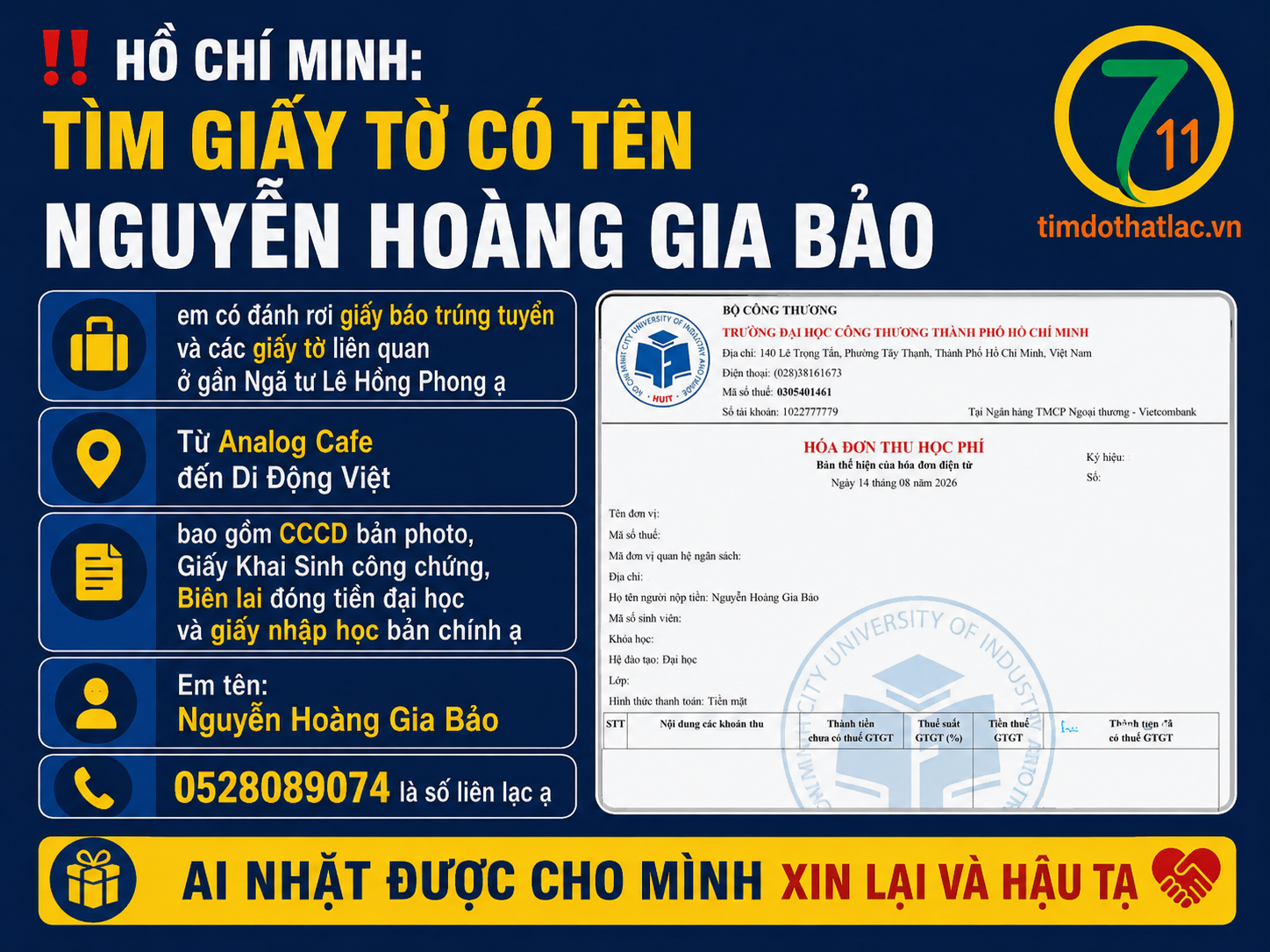 ‼️ Hồ Chí Minh: Tìm giấy tờ có tên Nguyễn Hoàng Gia Bảo