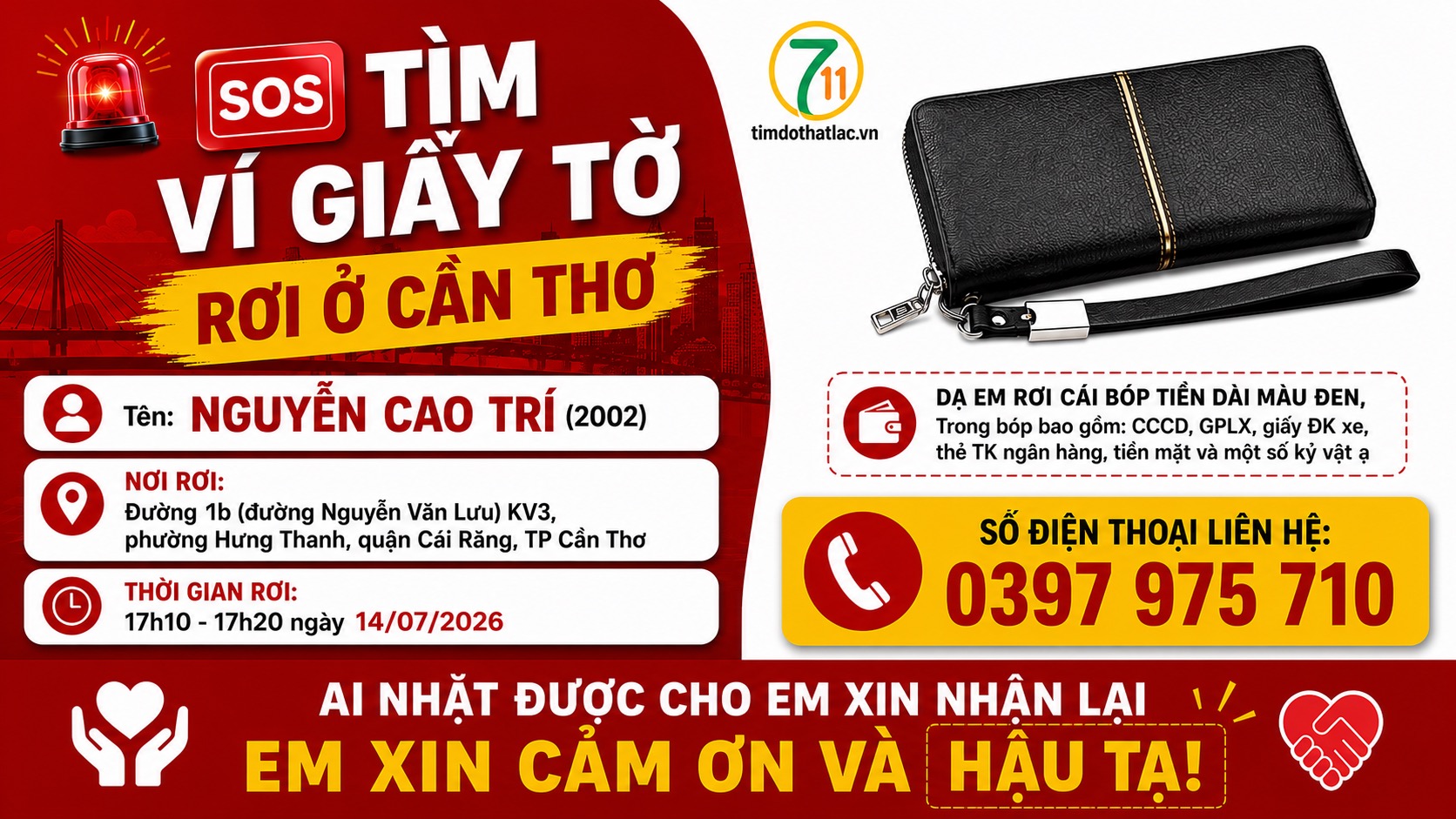 🆘 Tìm ví giấy tờ rơi ở Cần Thơ tên Nguyễn Cao Trí 2002