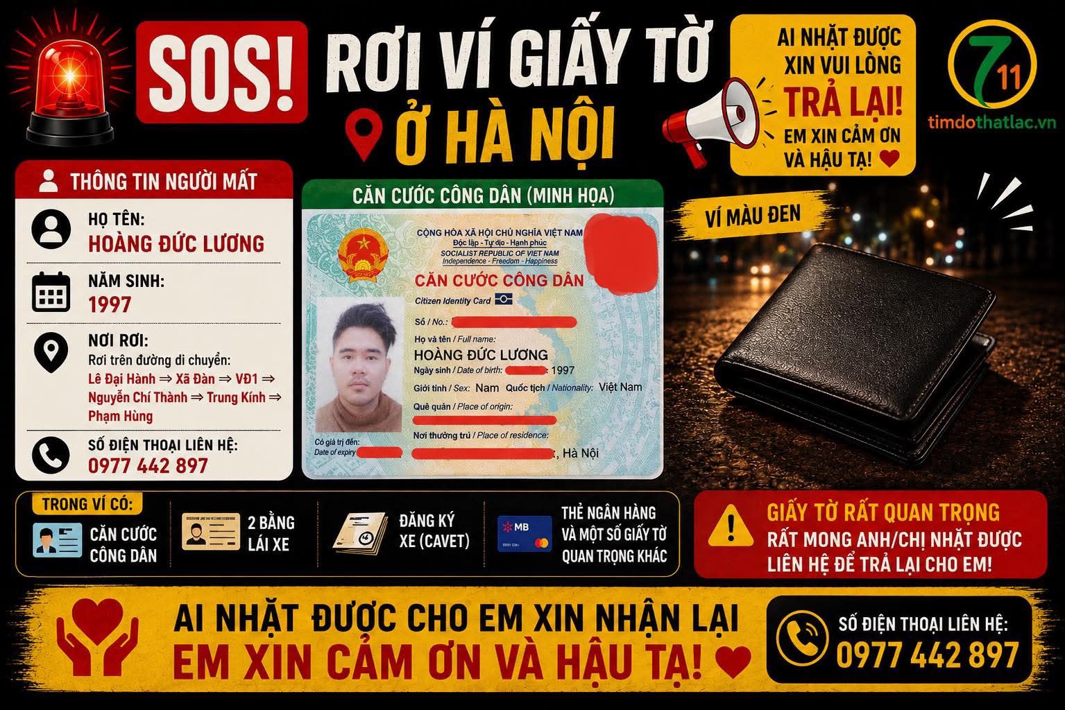 🆘 Rơi ví giấy tờ ở Hà Nội tên Hoàng Đức Lương 1997