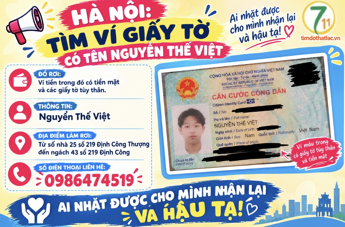 ‼️ Hà Nội  :  Tìm ví giấy tờ có tên Nguyễn Thế Việt