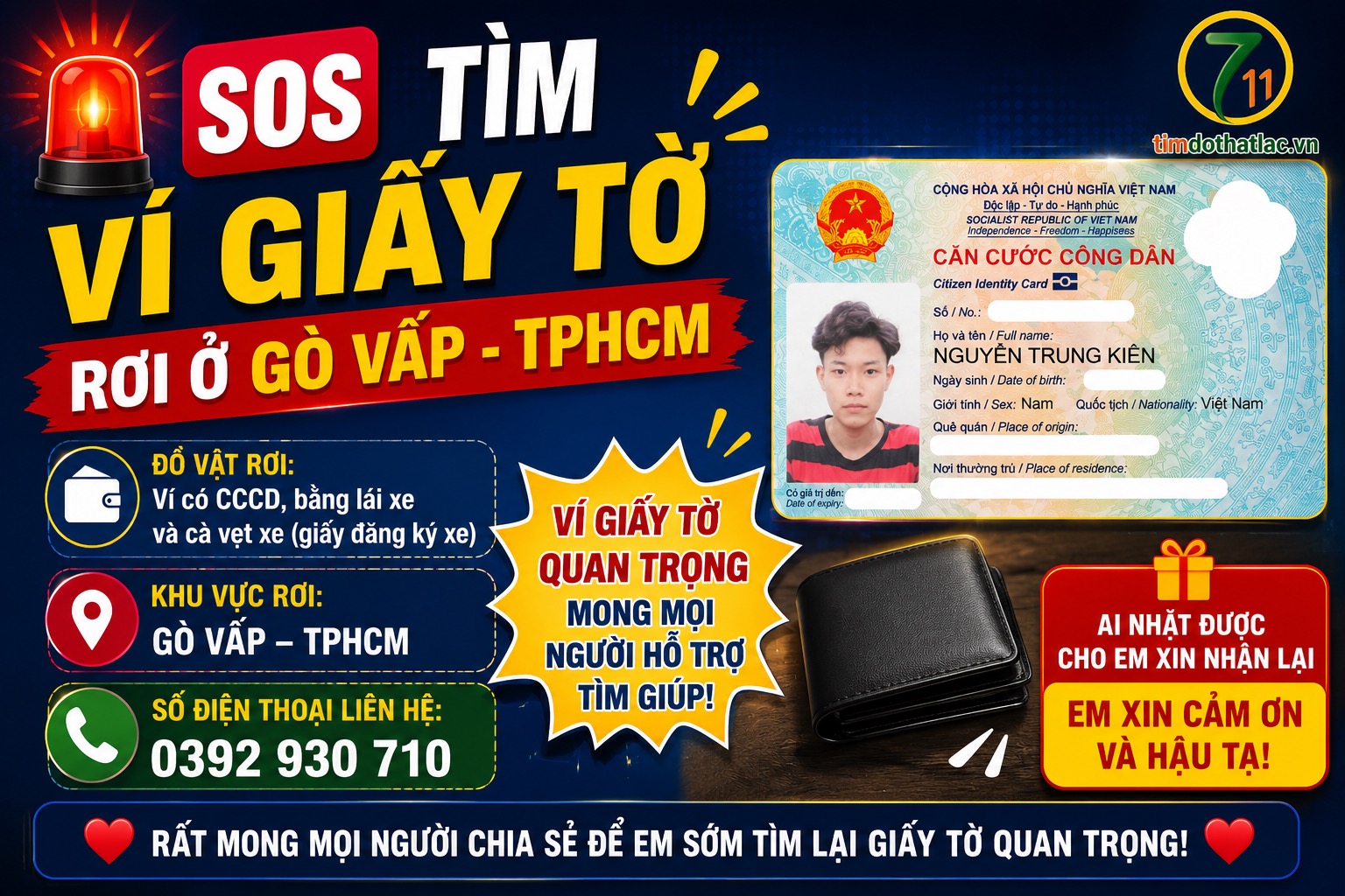🆘 Rơi ví giấy tờ ở Gò Vấp - TPHCM tên Nguyễn Trung Kiên