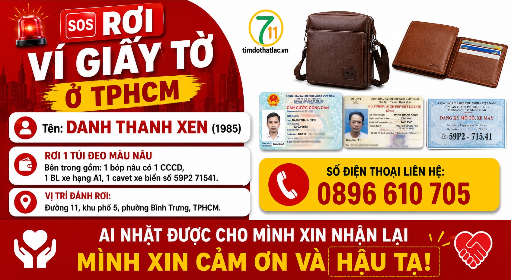 🆘 Rơi ví giấy tờ ở TPHCM tên Danh Thanh Xen 1985