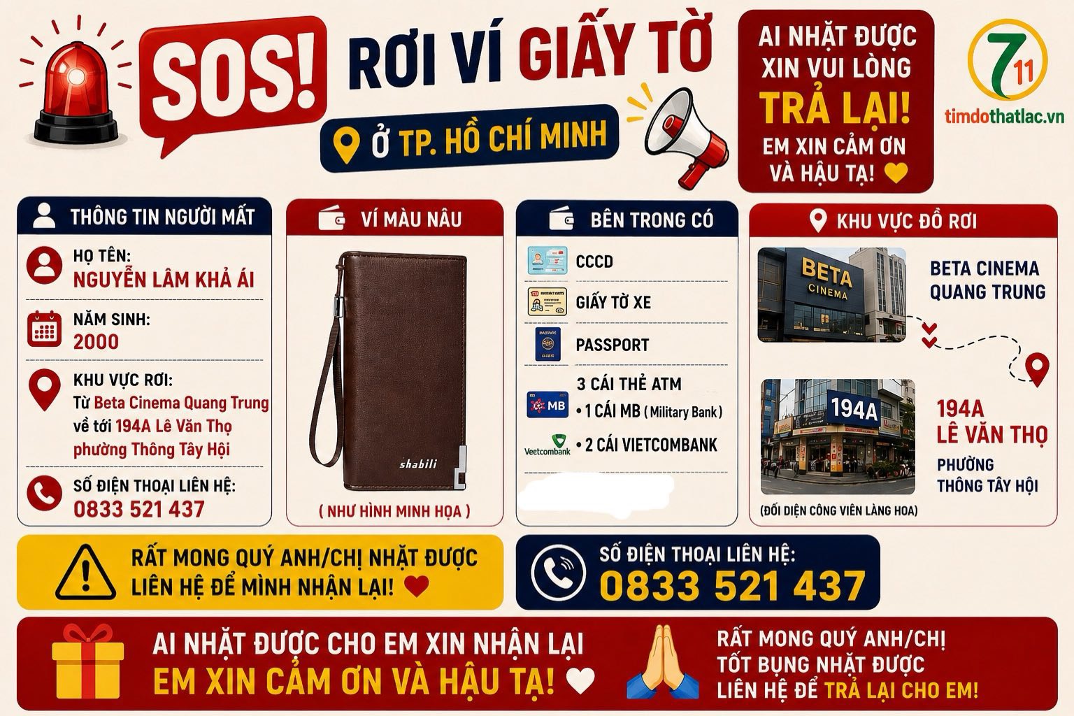 🆘 Rơi ví giấy tờ ở TpHCM tên Nguyễn Lâm Khả Ái, 2000