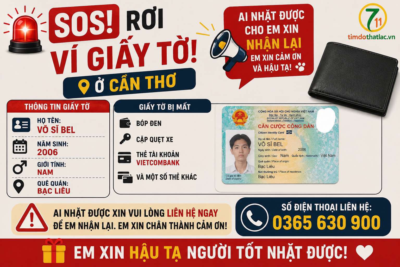 🆘 Rơi ví giấy tờ ở Cần Thơ tên Võ Sĩ Bel 2006 Bạc Liêu