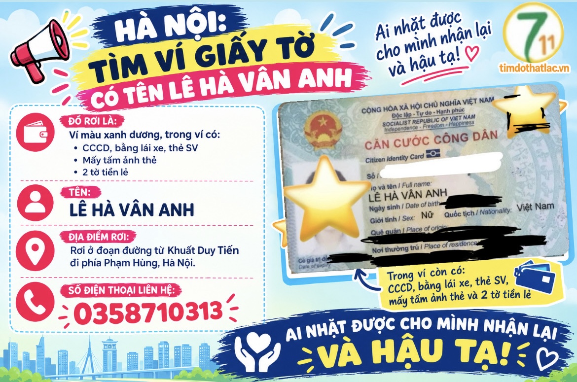 ‼️ Hà Nội  :  Tìm ví giấy tờ có tên Lê Hà Vân Anh