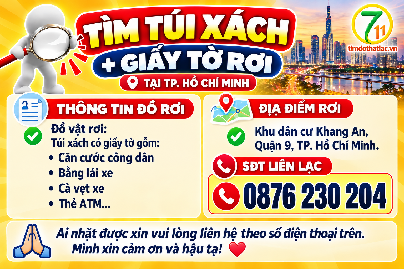 🆘 TÌM TÚI XÁCH + GIẤY TỜ RƠI Ở TPHCM tên BÙI ĐỨC HOÀ