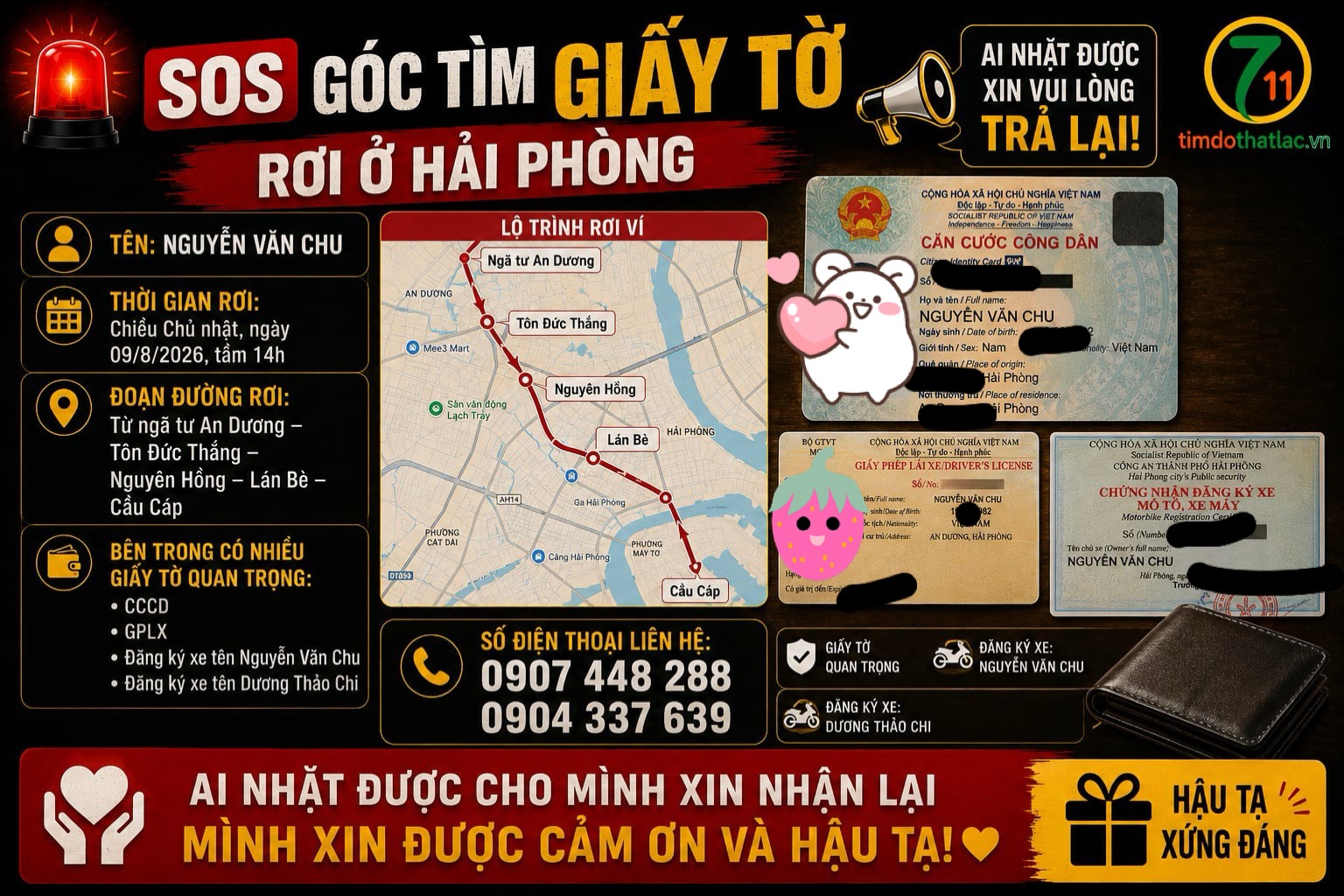 🆘 GÓC TÌM GIẤY TỜ rơi ở Hải Phòng tên Nguyễn Văn Chu