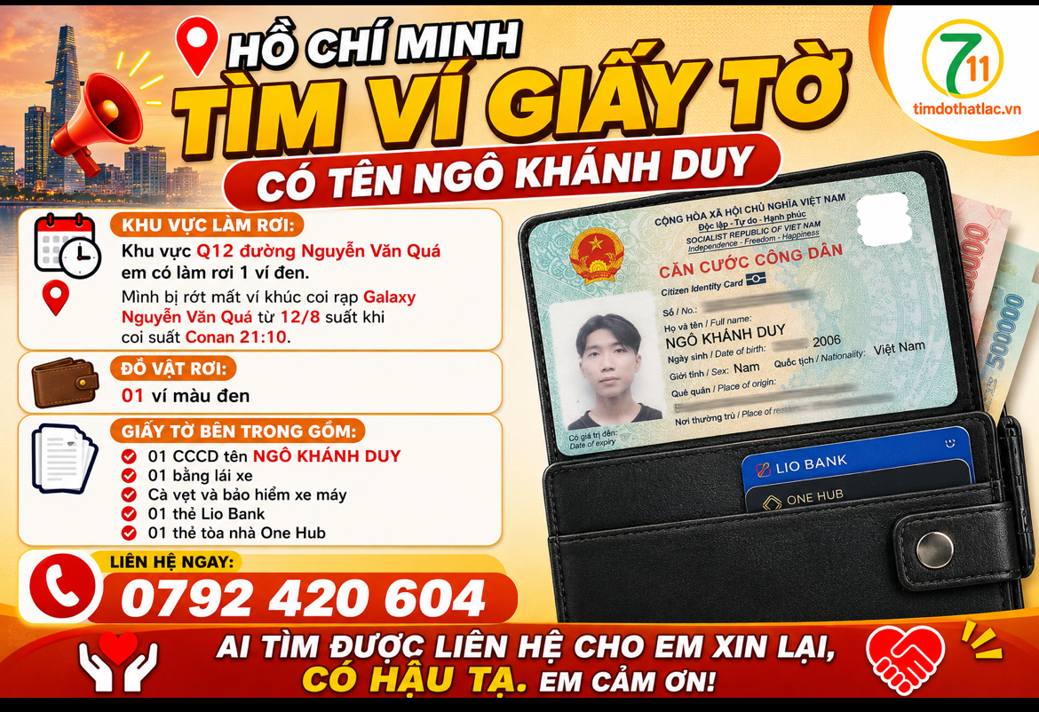 ‼️Hồ Chí Minh Tìm ví giấy tờ có tên Ngô Khánh Duy
