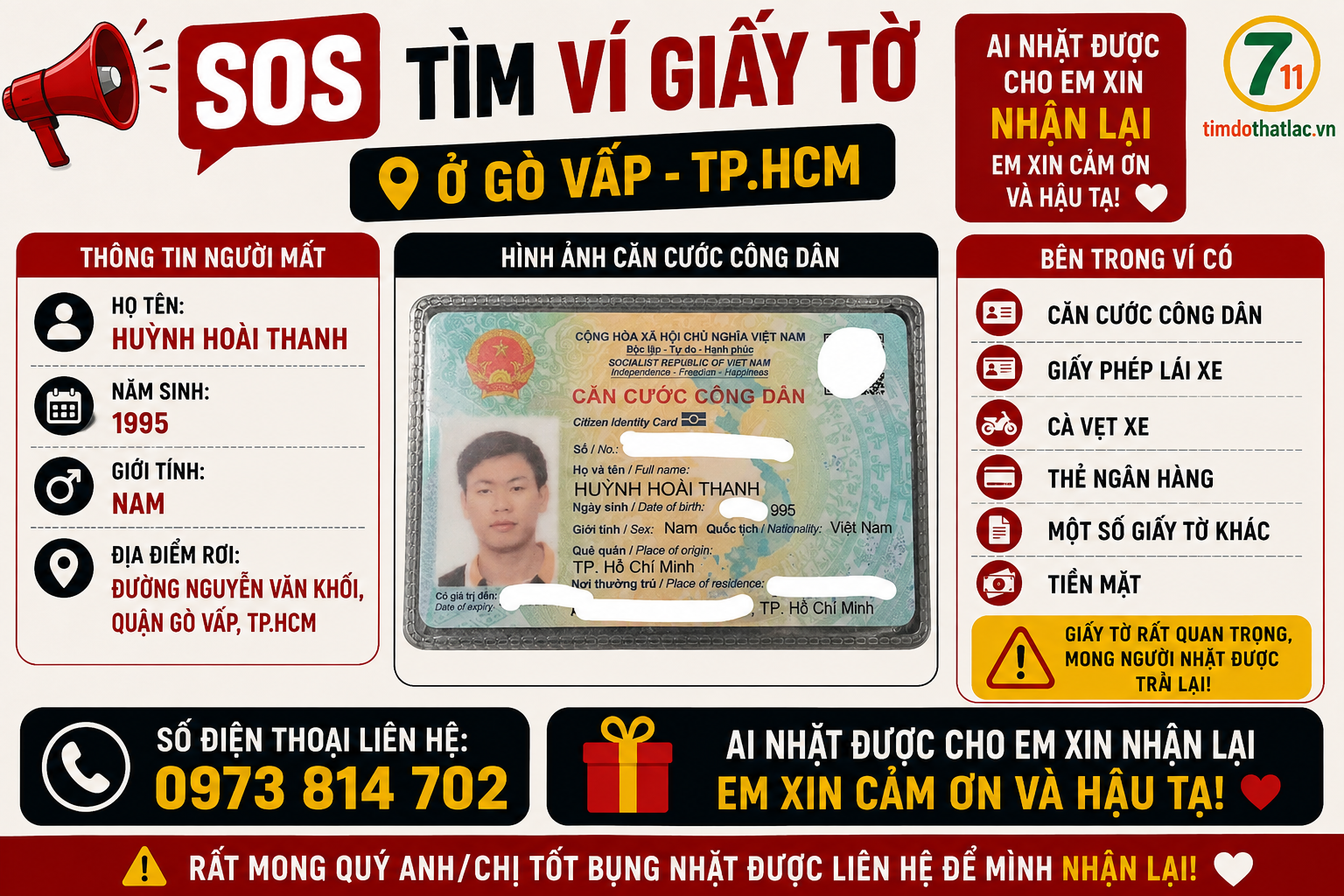 🆘 Rơi ví giấy tờ ở Gò Vấp - TPHCM tên Huỳnh Hoài Thanh 1995