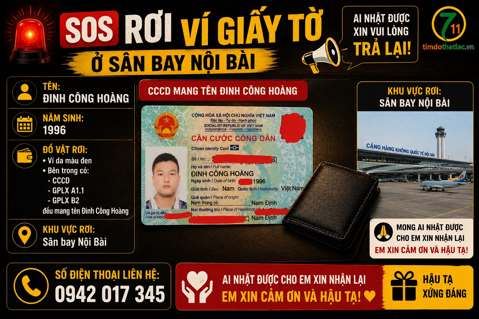 🆘 Rơi ví giấy tờ ở sân bay Nội Bài tên Đinh Công Hoàng 1996
