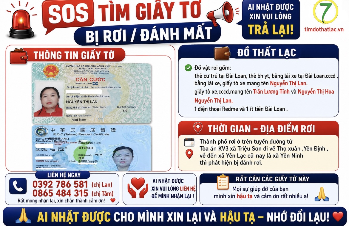 ‼️ Thanh Hoá : Tìm giấy tờ có tên Nguyễn Thị Lan
