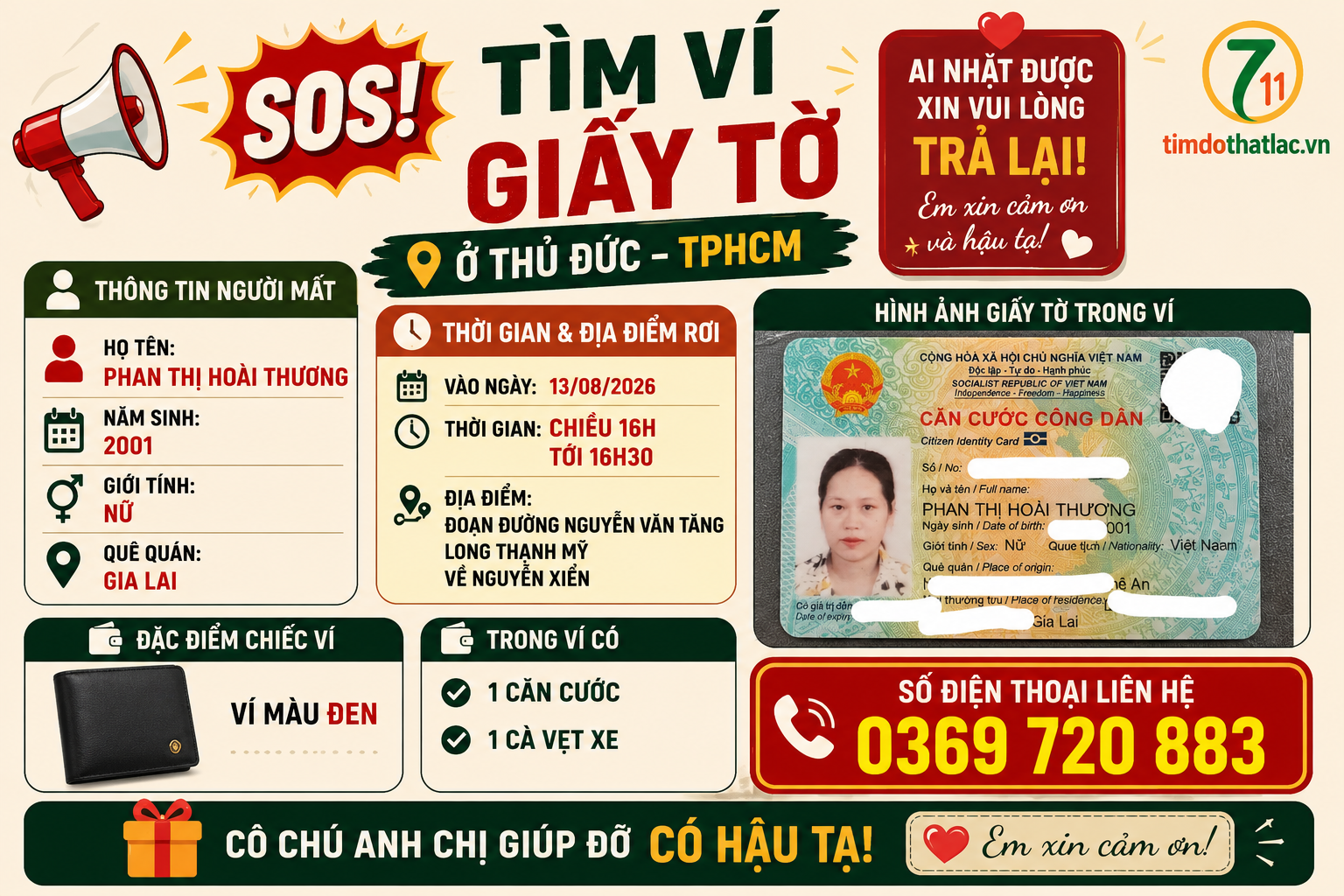 🆘 Tìm ví giấy tờ ở Thủ Đức - TpHCM tên Phan Thị Hoài Thương 2001 Gia Lai