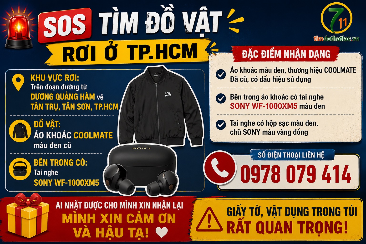 🆘 Tìm đồ vật ( áo khoác + tai nghe sony ) rơi ở TpHCM