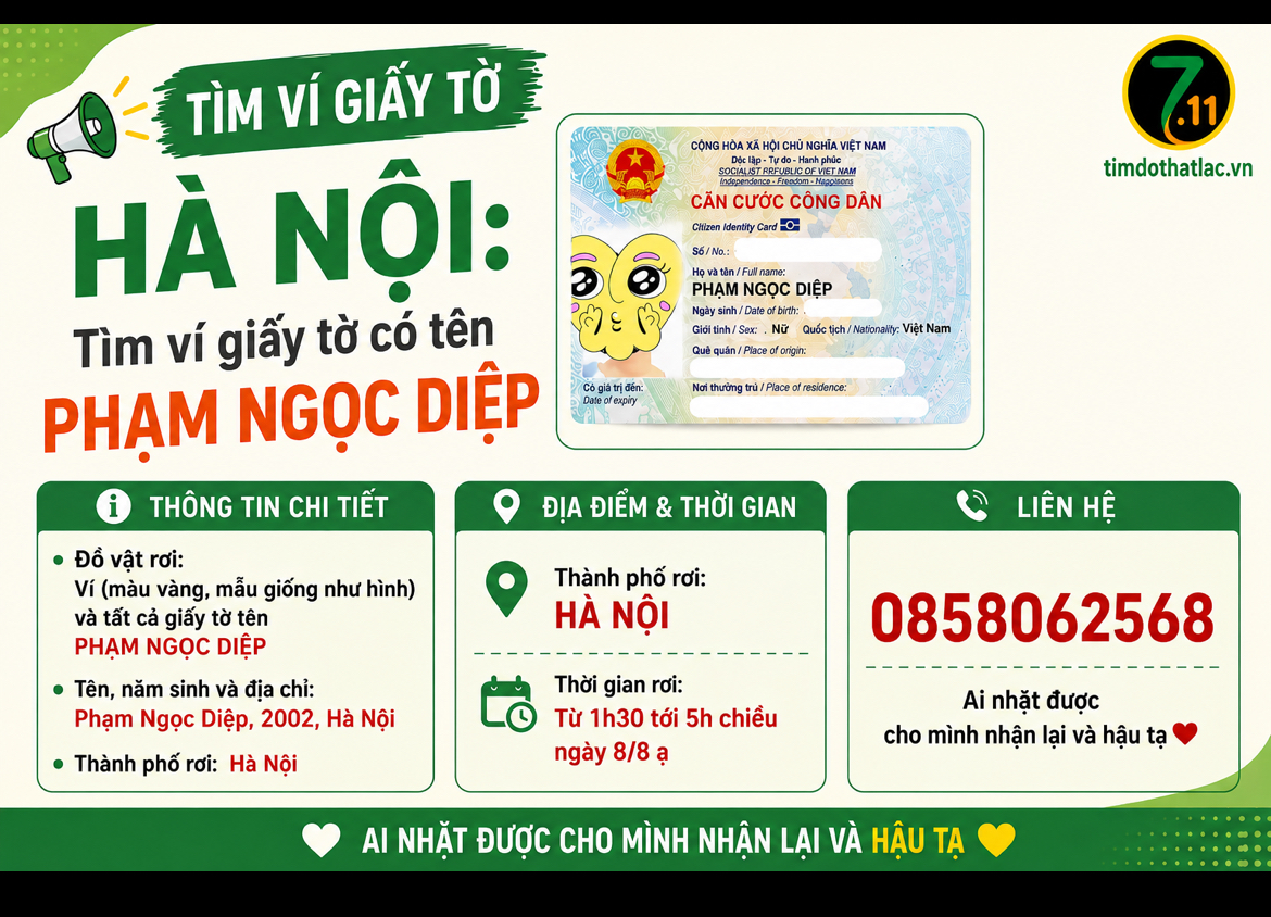 ‼️Hà Nội: Tìm ví giấy tờ có tên Phạm Ngọc Diệp