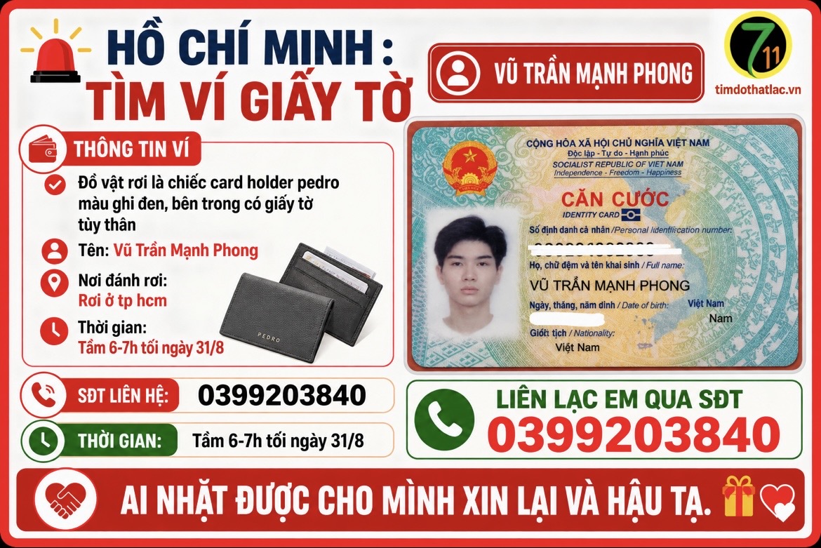 ‼️ Hồ Chí Minh : Tìm ví giấy tờ có tên Vũ Trần Mạnh Phong