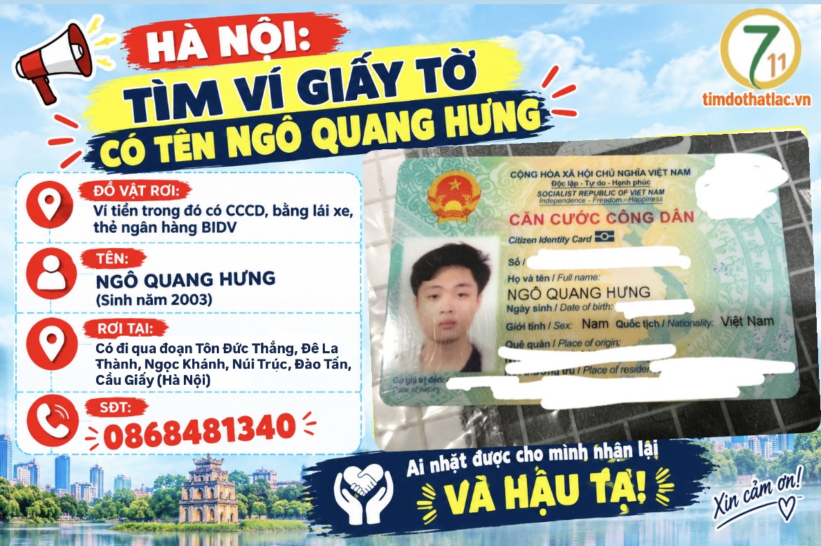 ‼️ Hà Nội :  Tìm ví giấy tờ có tên Ngô Quang Hưng