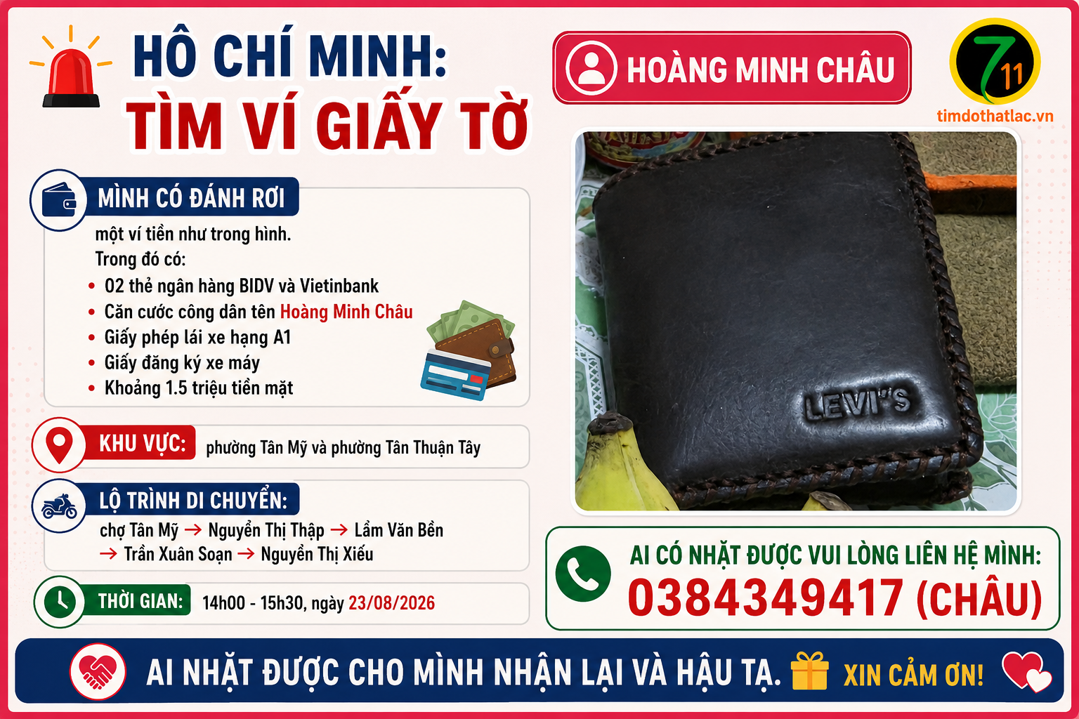 ‼️Hồ Chí Minh:  Tìm ví giấy tờ có tên Hoàng Minh Châu