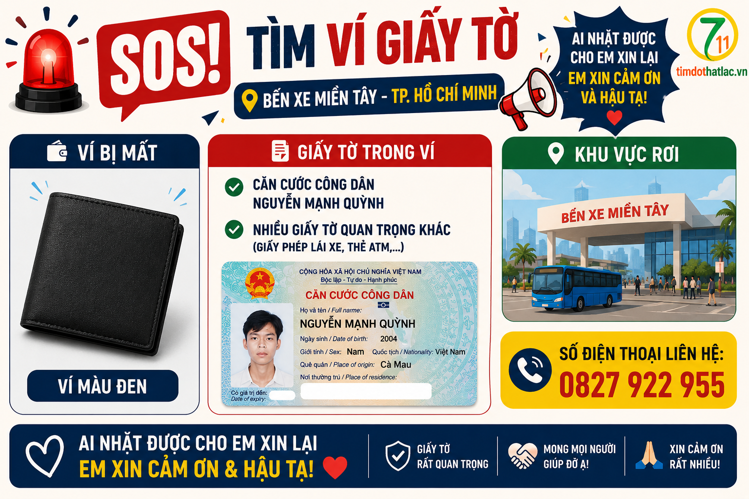 🛑 [ TPHCM ] Tìm ví giấy tờ tên Nguyễn Mạnh Quỳnh 2004 quê Cà Mau
