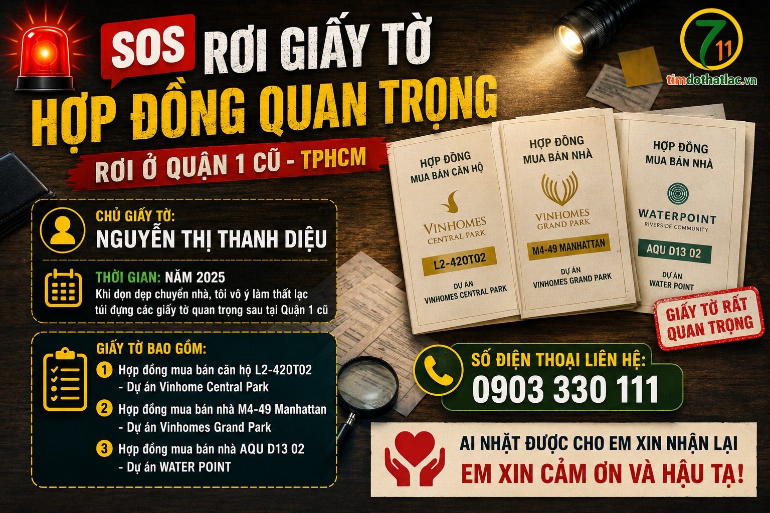 🆘 RƠI GIẤY TỜ ( HỢP ĐỒNG MUA BÁN CĂN HỘ ) tên là Nguyễn Thị Thanh Diệu