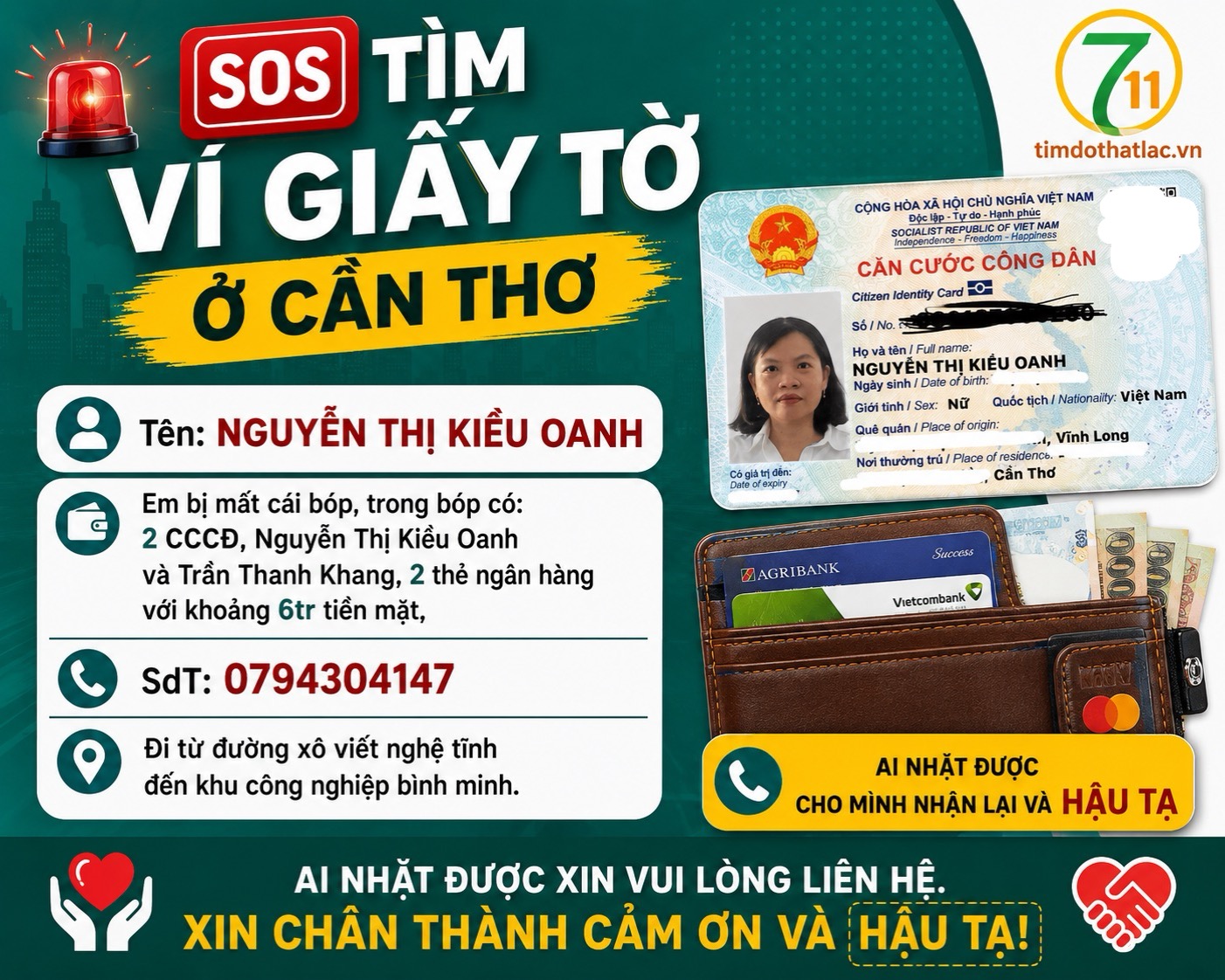 Cần Thơ: Tìm ví giấy tờ có tên Nguyễn Thị Kiều Oanh