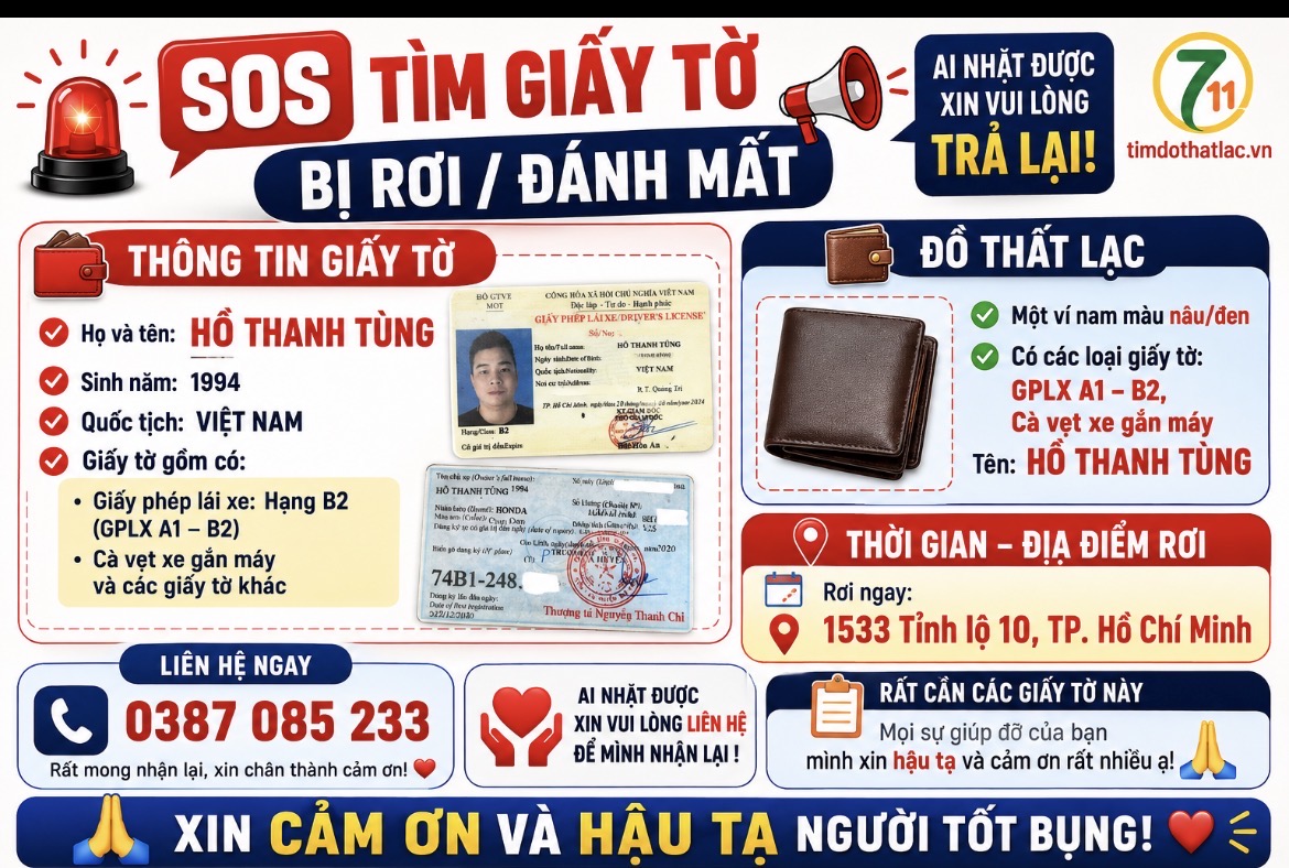 ‼️ Hồ Chí Minh : Tìm ví giấy tờ có tên Hồ Thanh Tùng