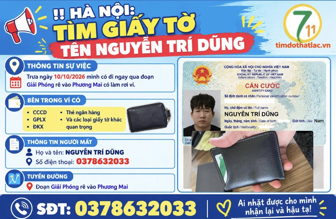 ‼️Hà Nội: Tìm ví giấy tờ tên Nguyễn Trí Dũng