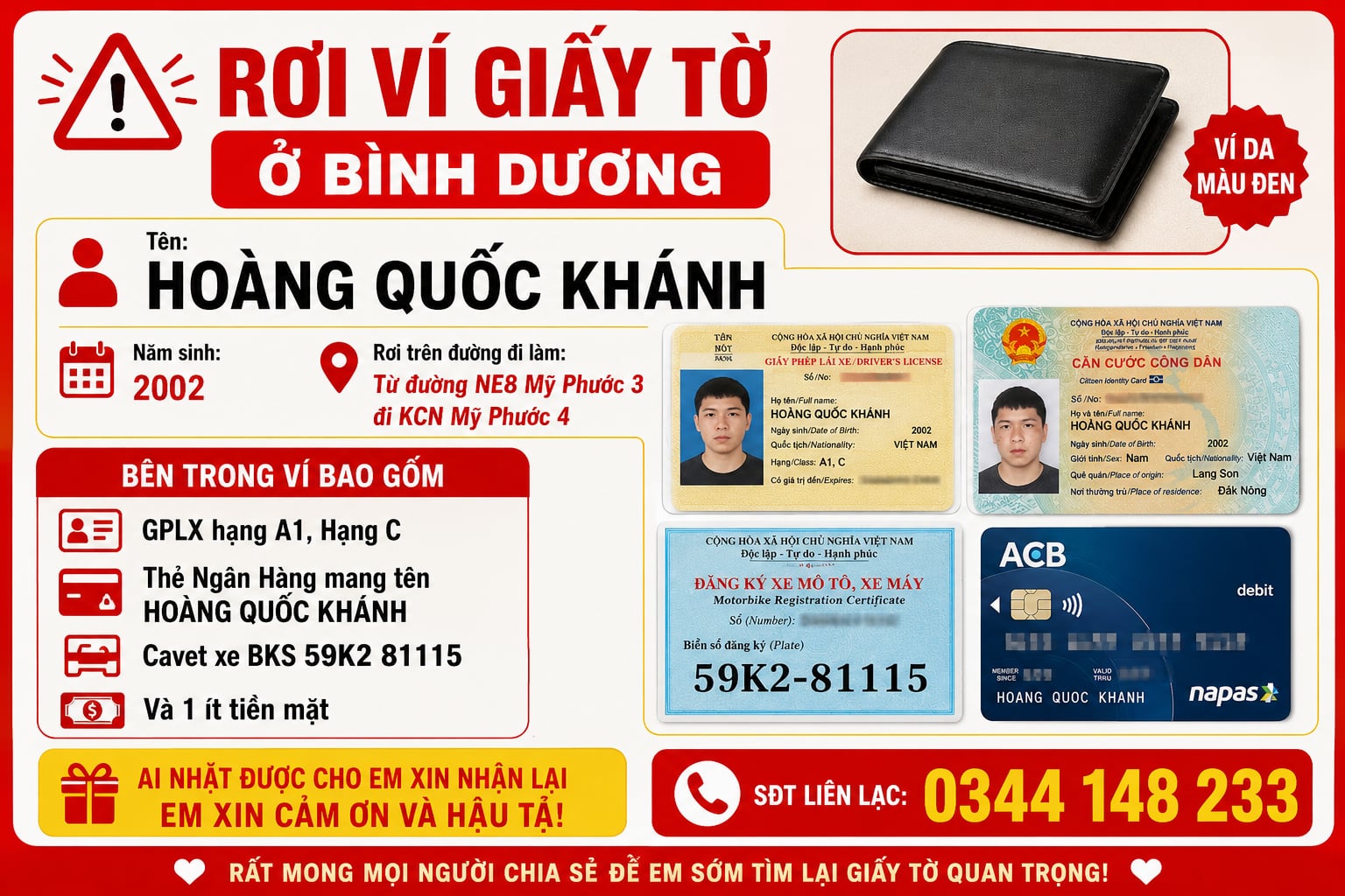 🆘 Rơi ví giấy tờ ở Bình Dương tên Hoàng Quốc Khánh