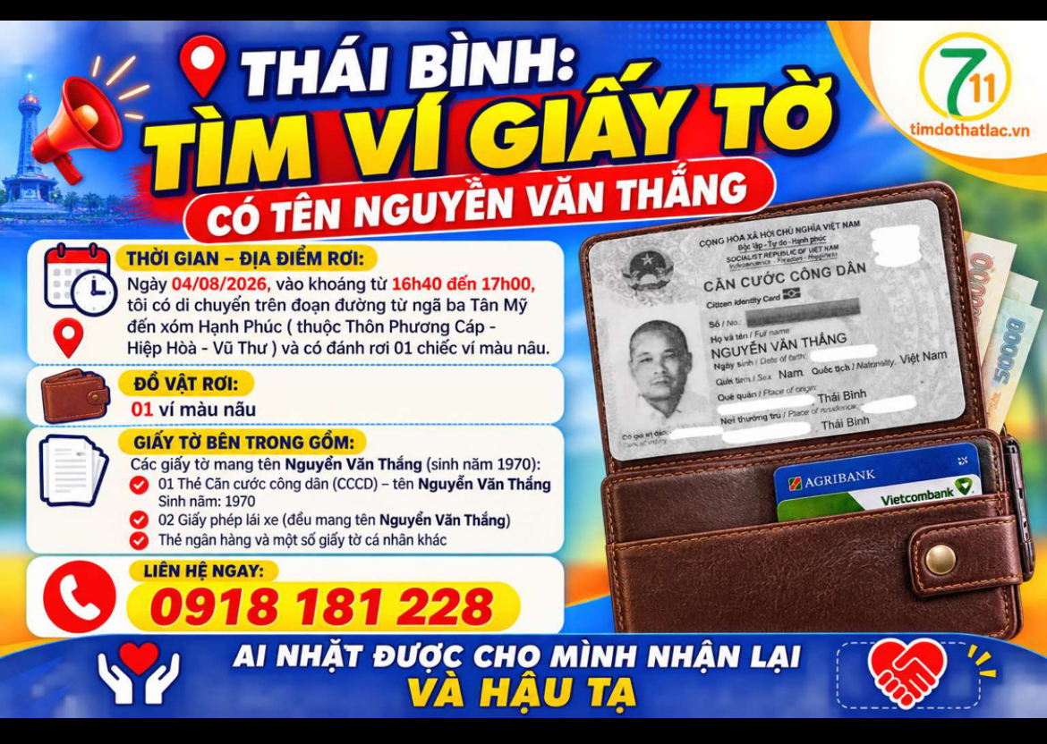 ‼️Thái Bình: Tìm ví giấy tờ có tên Nguyễn Văn Thắng