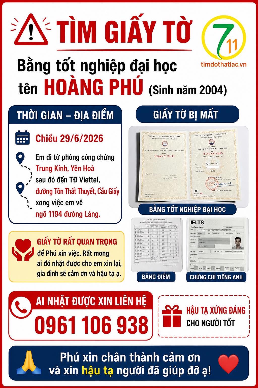 🆘 TÌM GIẤY TỜ ( Bằng tốt nghiệp đại học ) tên Hoàng Phú 2004