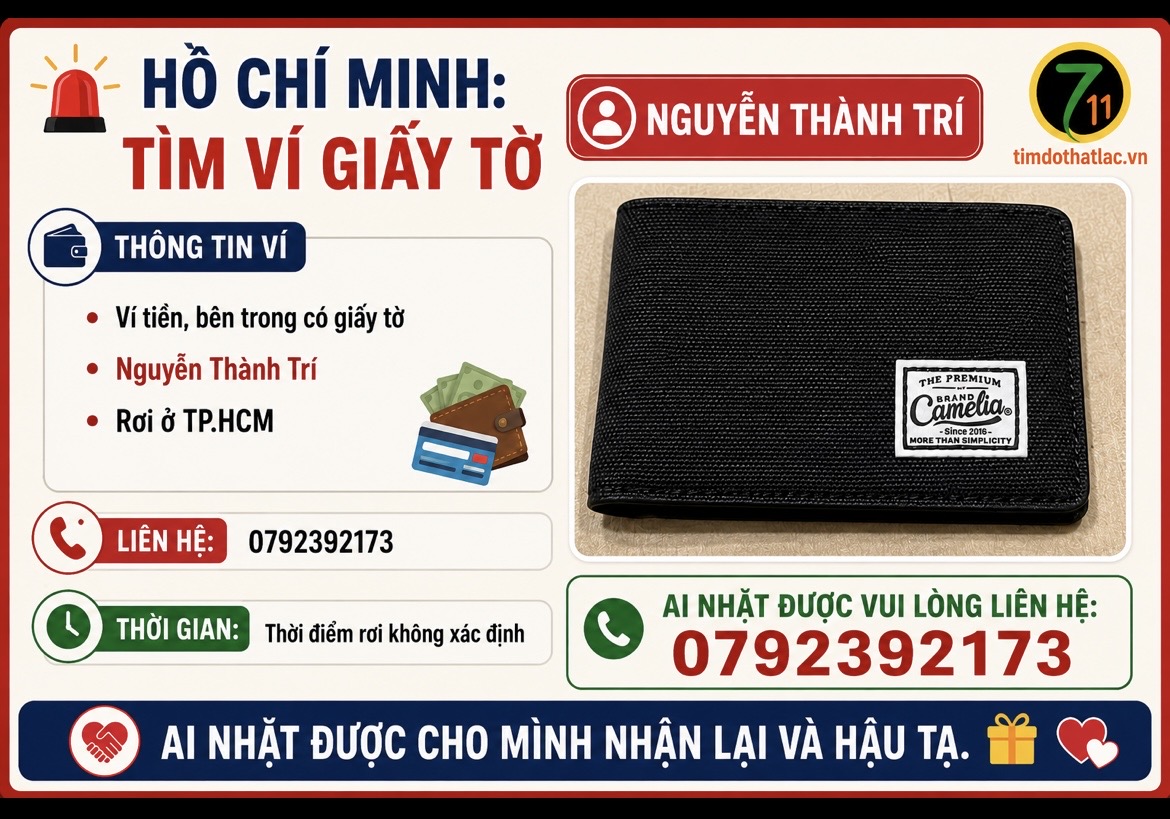 ‼️Hồ Chí Minh:  Tìm ví giấy tờ có tên Nguyễn Thành Trí