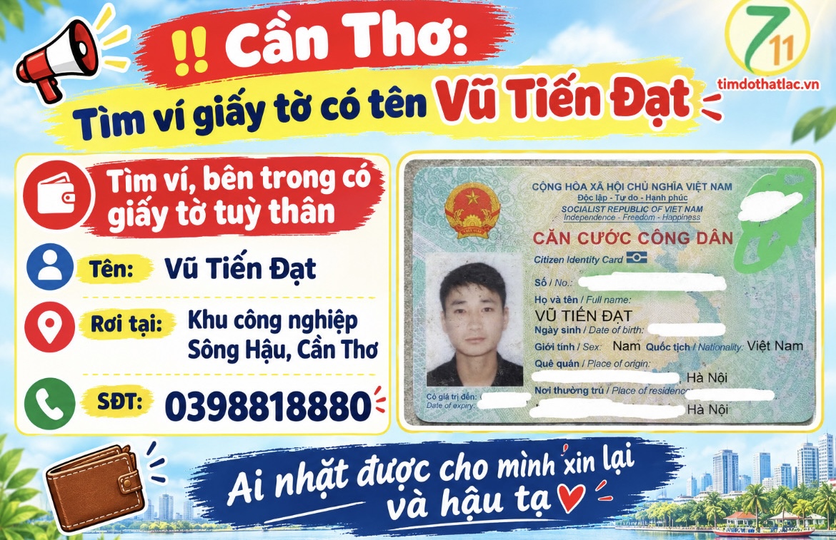 ‼️Cần Thơ: Tìm ví giấy tờ có tên Vũ Tiến Đạt