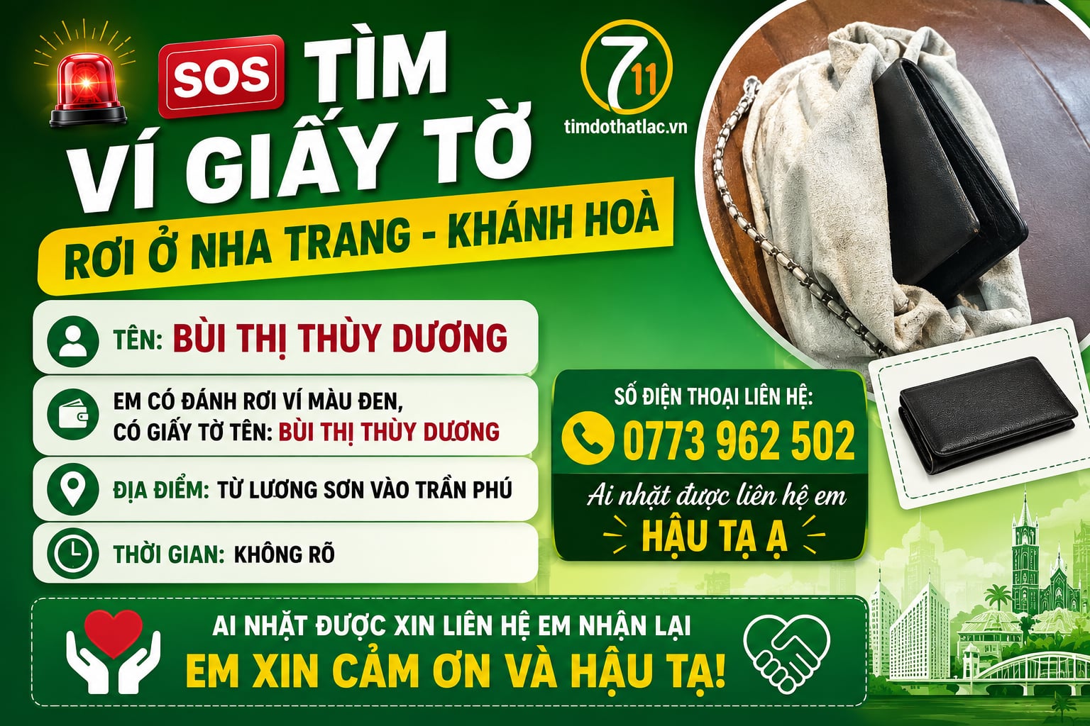 🆘 Rơi ví giấy tờ ở Nha Trang - Khánh Hoà tên Bùi Thị Thuỳ Dương
