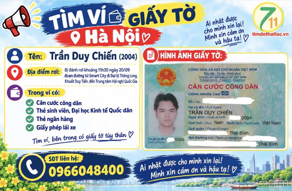 ‼️Hà Nội: Tìm ví giấy tờ có tên Trần Duy Chiến