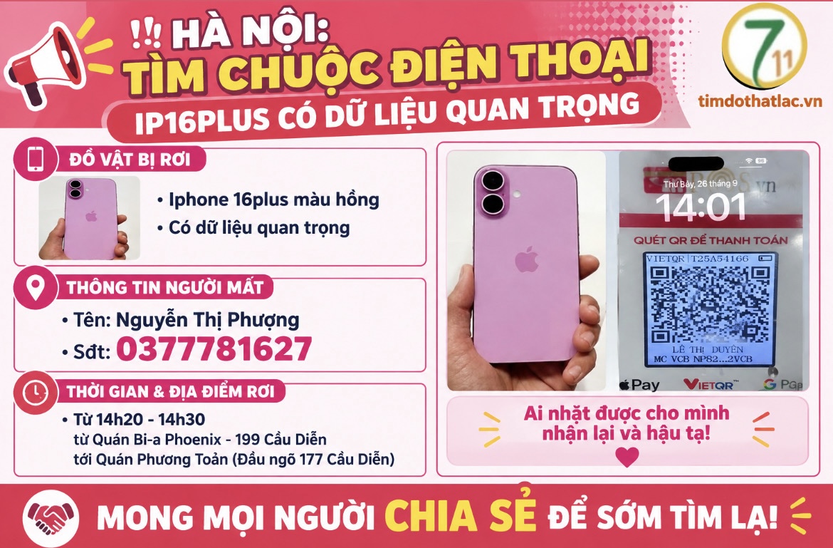 ‼️ Hà Nội :  Tìm chuộc điện thoại ip16plus có dữ liệu quan trọng