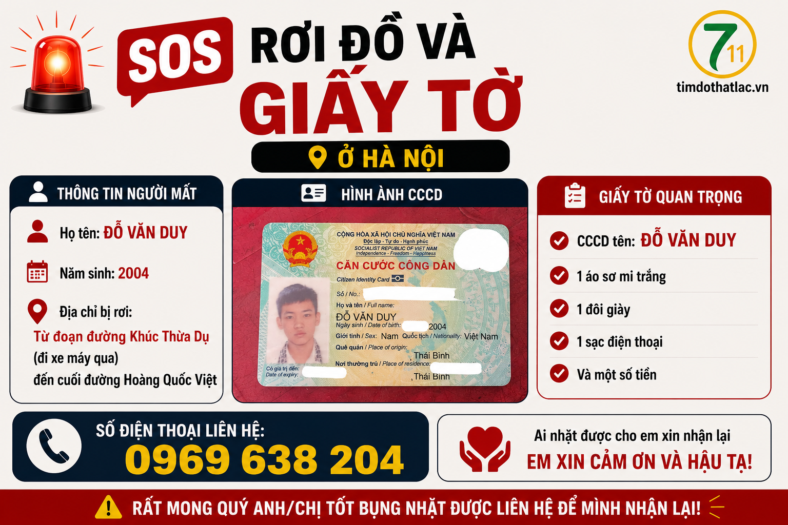 🆘 Rơi đồ và giấy tờ ở Hà Nội tên Đỗ Văn Duy